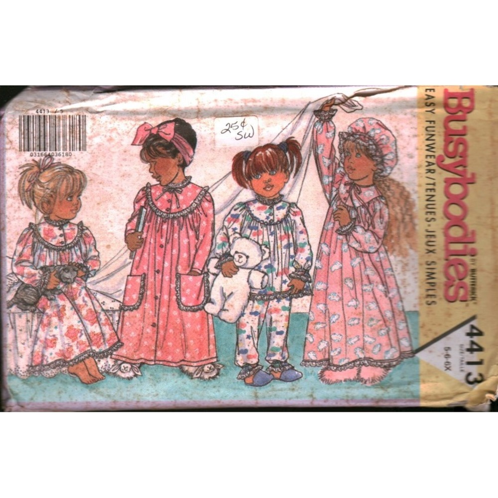 Vintage Butterick 4413 Busy Bodies Kids Pajamas Robe Nightgown Pattern Size 5-6X